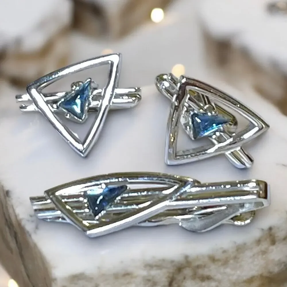 VTG Swank Cufflinks and Tie Bar Silver Tone Blue Glass Art Deco MCM Set Signed